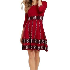 Taylor Burgundy Printed Fit & Flare Long Sleeve Sweater Midi Dress Size L